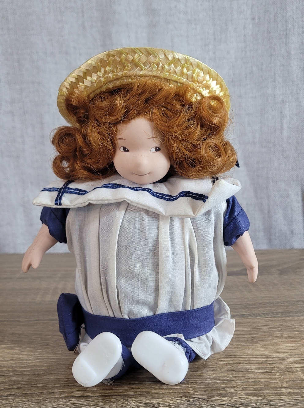 Vintage Redhead Bean Bag & Porcelain Doll with Straw Hat - Cream & Navy